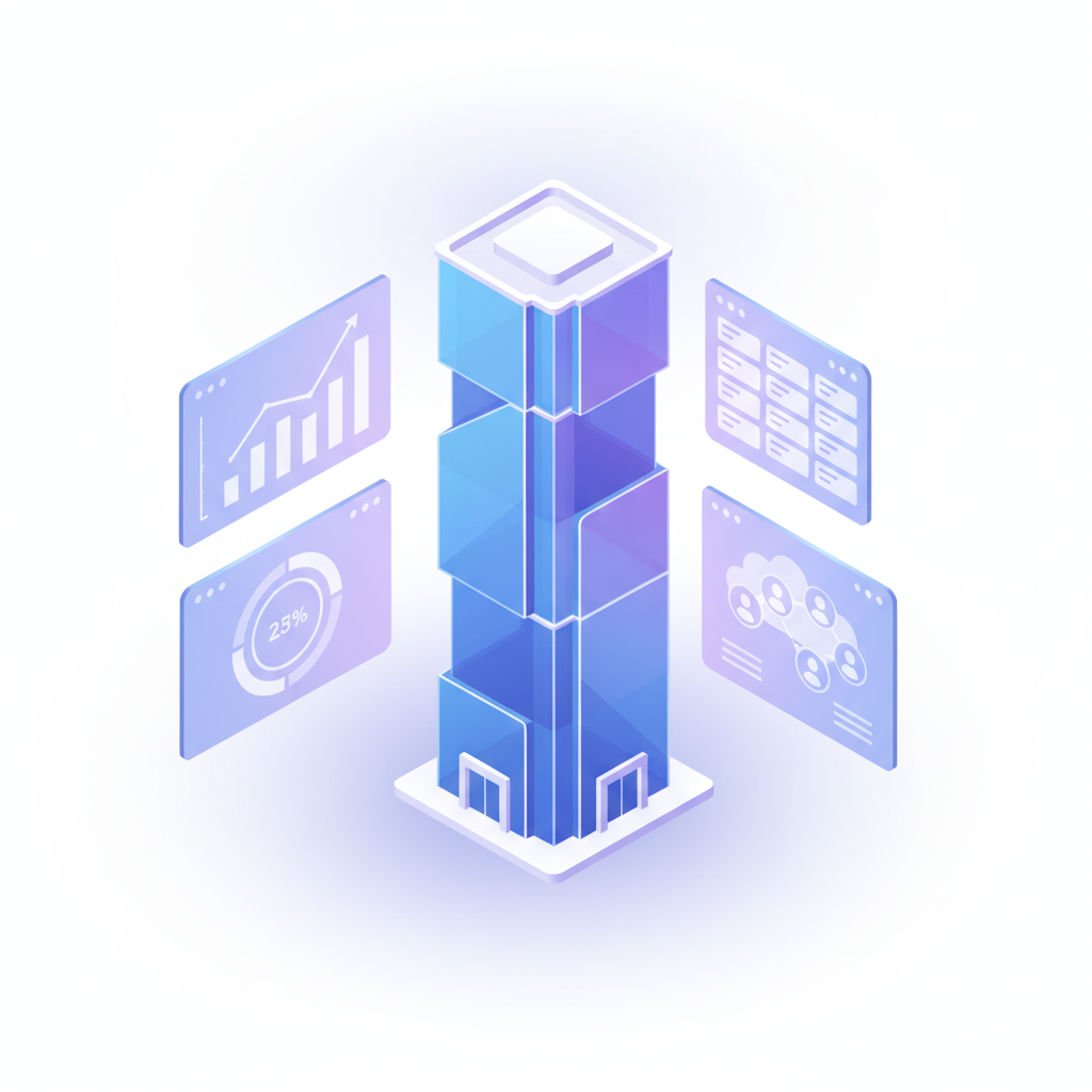 Modern office with floating dashboard tiles for sales pipelines, project tracking, and business metrics